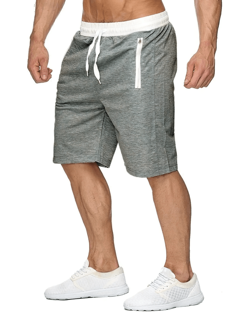 Alt Tag: Drawstring Sweat Shorts with Zip Pocket Trim - SF4489 men's gray jersey lounge shorts with contrast waistband and vertical zip pocket