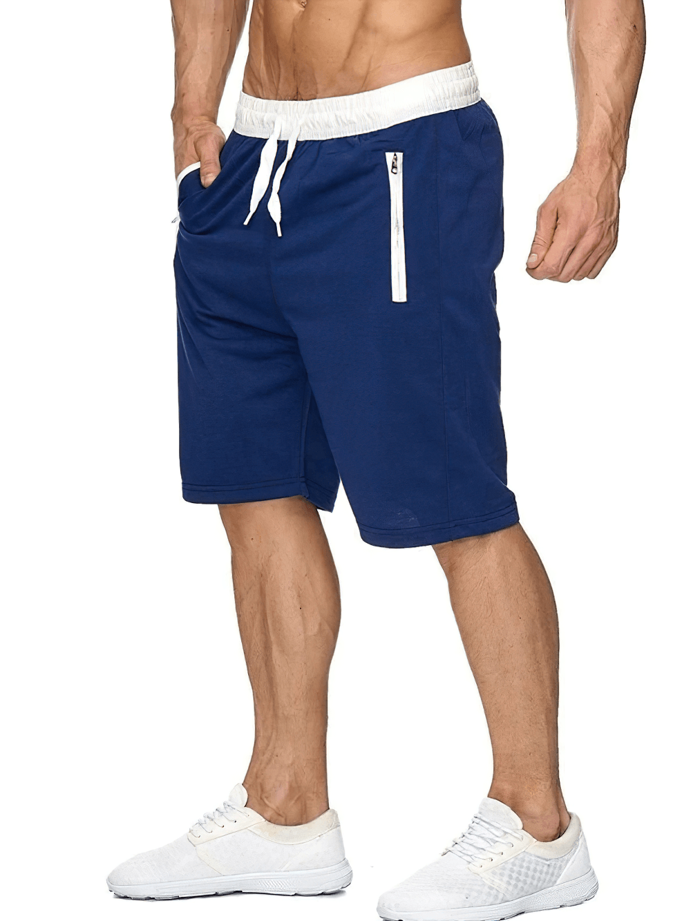 Alt Tag: Drawstring Sweat Shorts with Zip Pocket Trim - SF4489 navy men’s jersey lounge shorts with contrast waist & vertical zip pocket