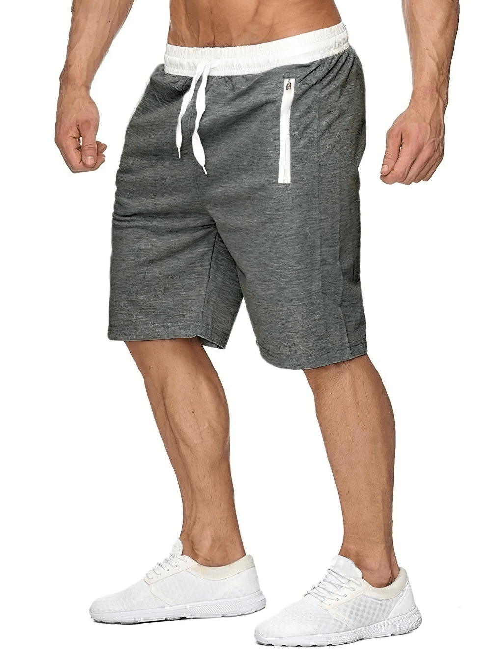 Alt Tag: Drawstring Sweat Shorts with Zip Pocket Trim - SF4489 men’s gray jersey lounge shorts with contrast waistband drawstring and zip pocket