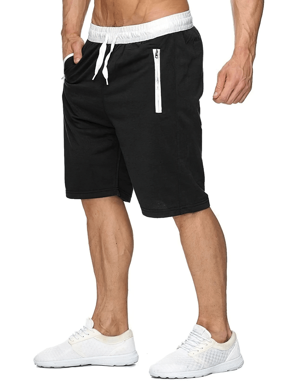 Alt Tag: Drawstring Sweat Shorts with Zip Pocket Trim - SF4489 men's black jersey lounge shorts, contrast waistband, drawstring, side pockets