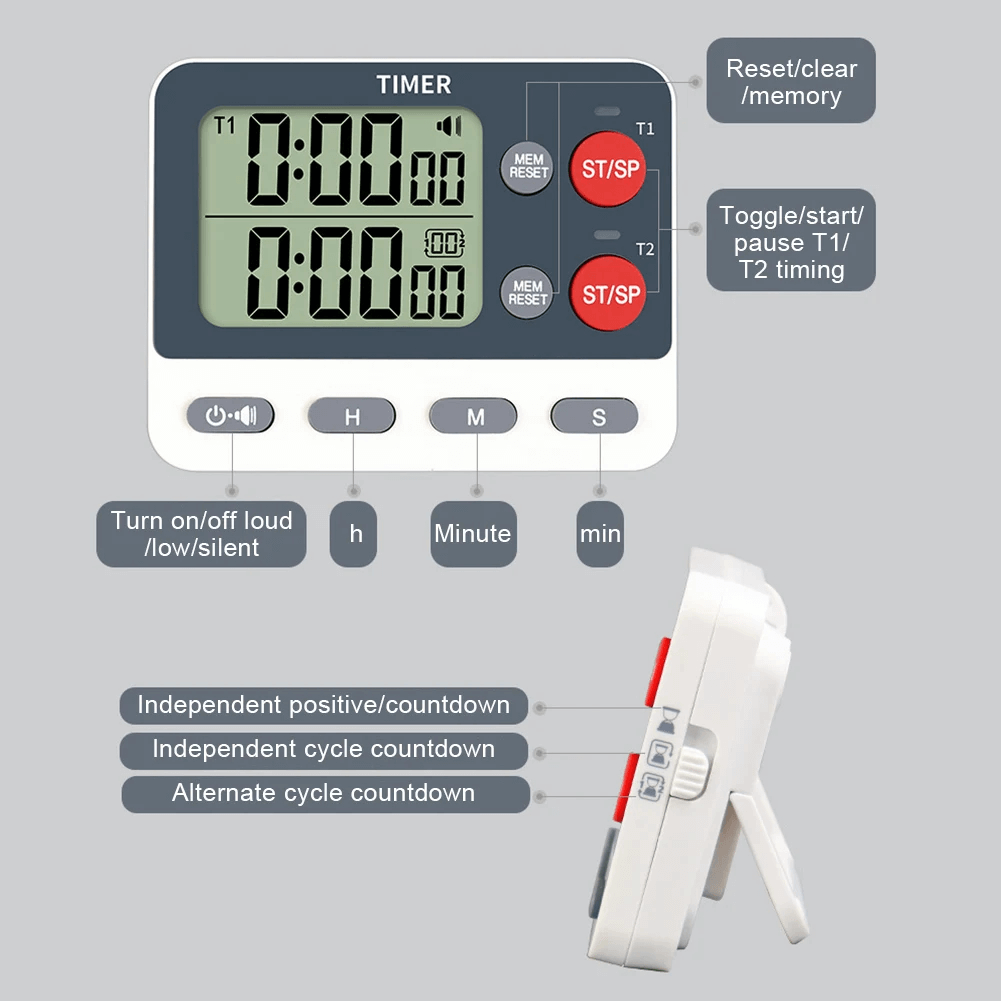 Dual Digital Timer with Cycle Countdown for Sports - SF3467, versatile timer with alarm, functions for exercise and events.