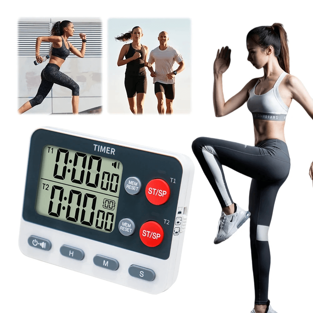 Dual Digital Timer with Cycle Countdown for Sports - SF3467 with athletes using the timer for workouts and training sessions