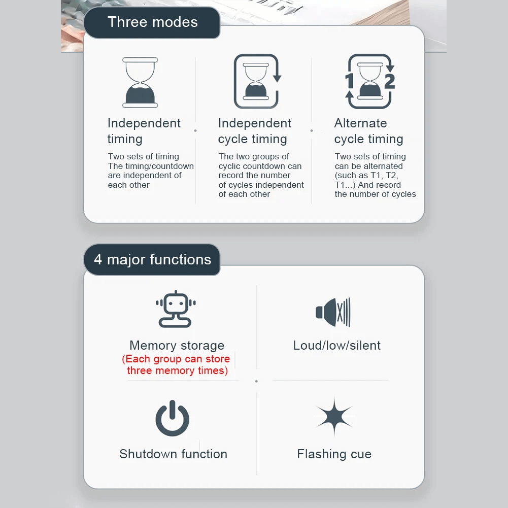Features of the Dual Digital Timer with Cycle Countdown for Sports - SF3467: Independent timing, memory storage, shutdown function.