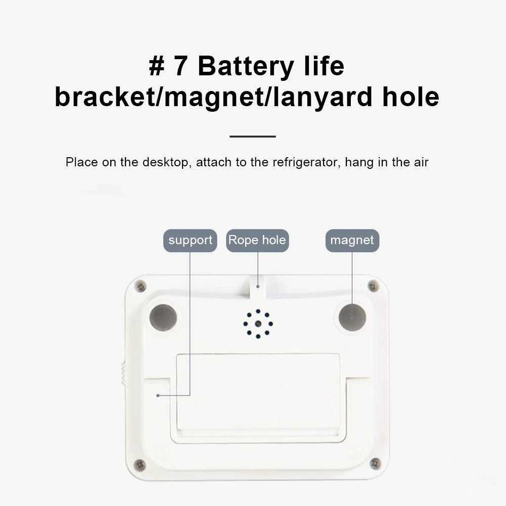 Back view of Dual Digital Timer with Cycle Countdown for Sports - SF3467 showing battery life, bracket, magnet, and lanyard hole options.