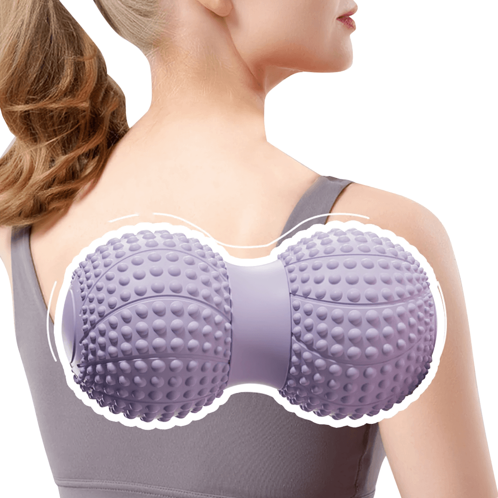 Dual-sided massage roller used on shoulder for muscle relaxation therapy