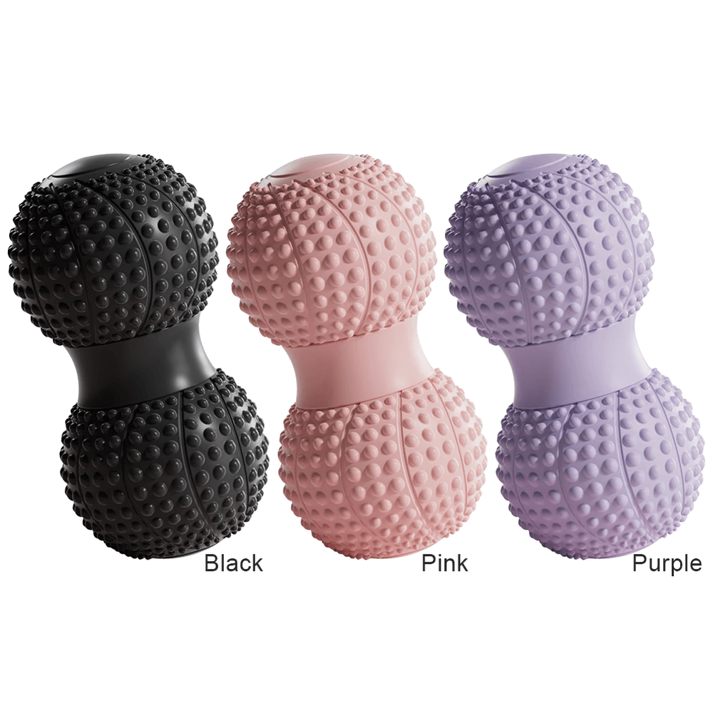 Dual-sided massage rollers in black, pink, and purple for muscle relaxation and stress relief.
