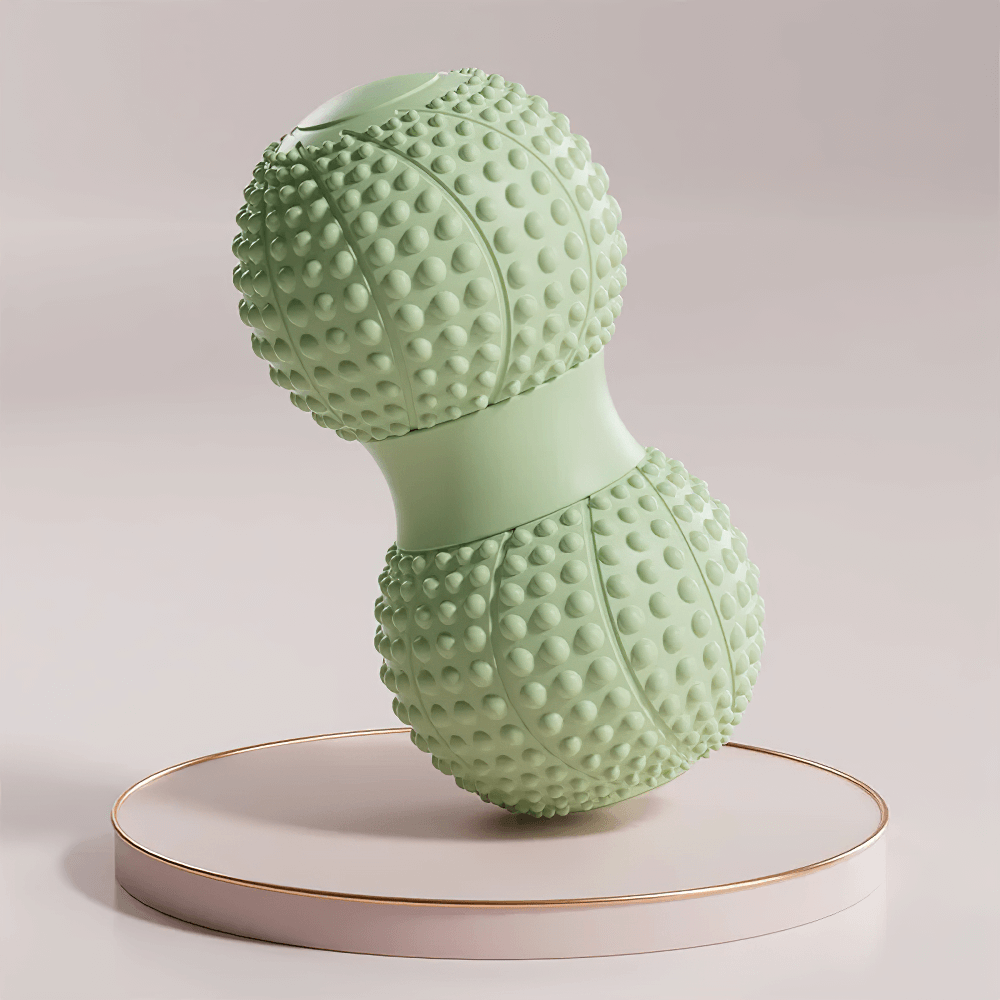 Green dual-sided massage roller for muscle relaxation, featuring textured surfaces for back, arm, and foot therapy.