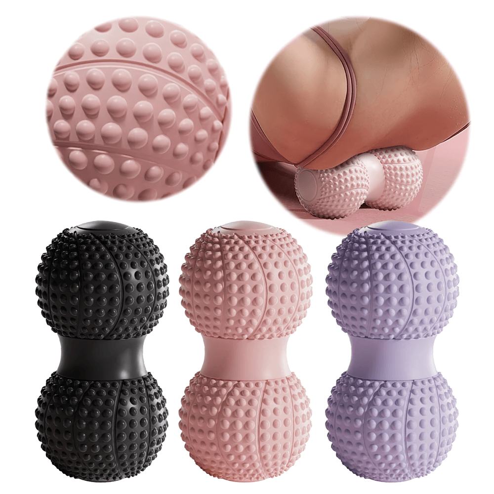 Dual-Sided Massage Roller in pink, black, and purple for muscle relaxation and pain relief at home therapy sessions.