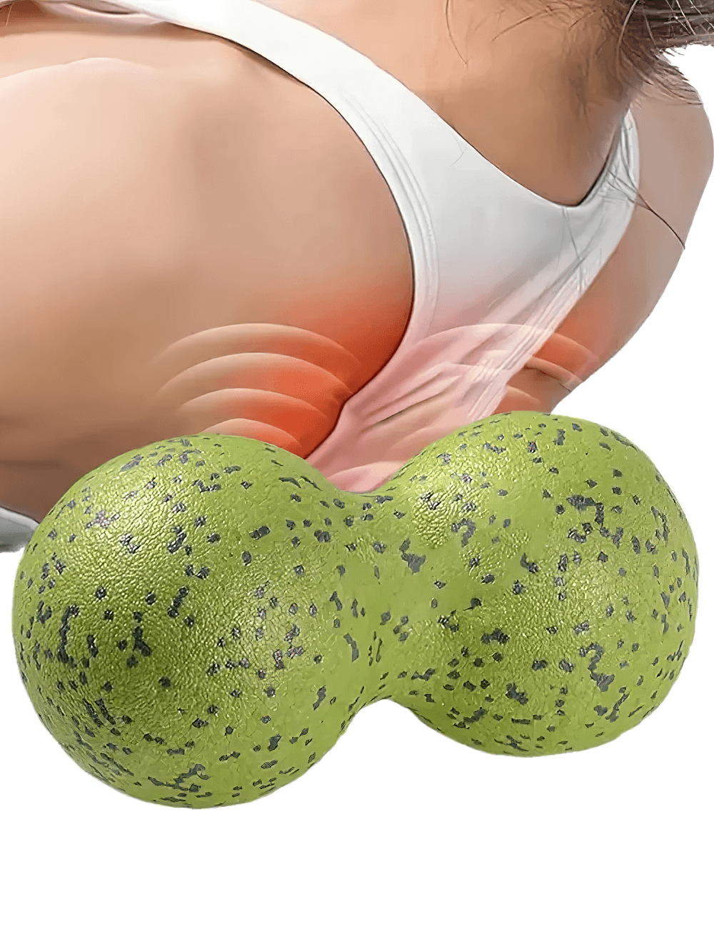 Green dual-sphere massage ball in use for back pain relief, showcasing ergonomic design and textured grip.