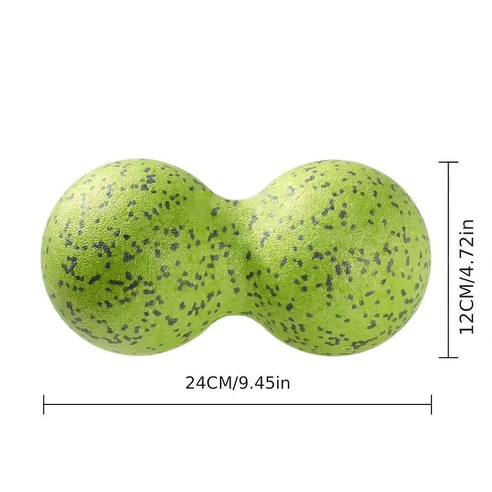 Green dual-sphere massage ball for targeted muscle relief with ergonomic design, 24cm length, ideal for pain and stress relief.