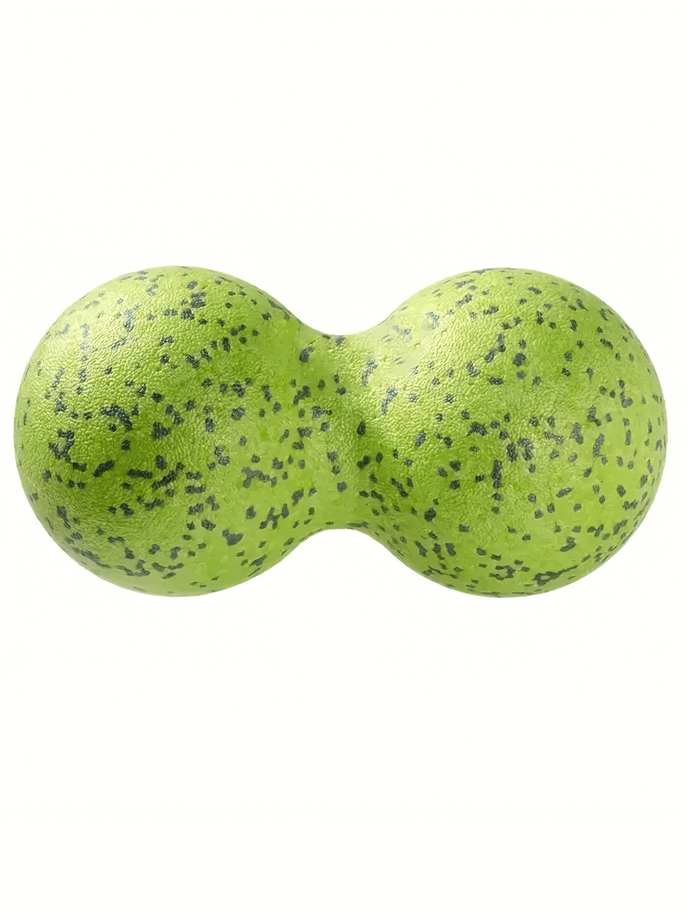 Green dual-sphere massage ball for muscle relief, featuring speckled design and ergonomic arc for back, shoulder, and neck pain relief.