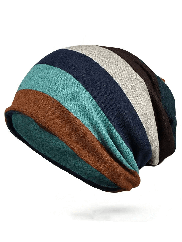 Stylish dual-use women's beanie in striped design, made from soft polyester. Warm and fashionable accessory for any occasion.