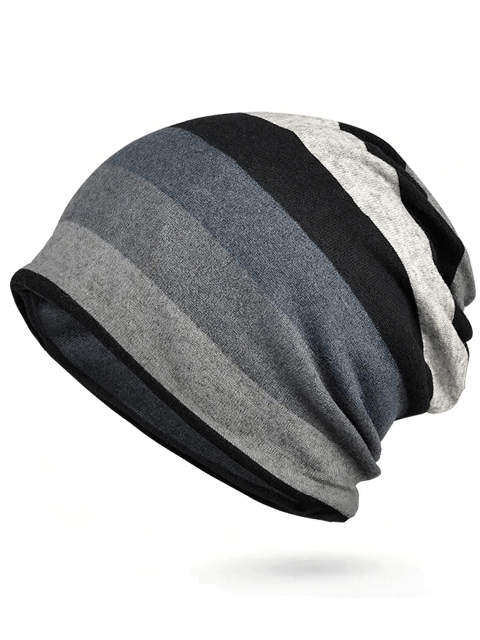 Dual-use women's beanie with stripe design in black, gray, and blue. Made of soft polyester. Stylish and practical accessory SF1648.