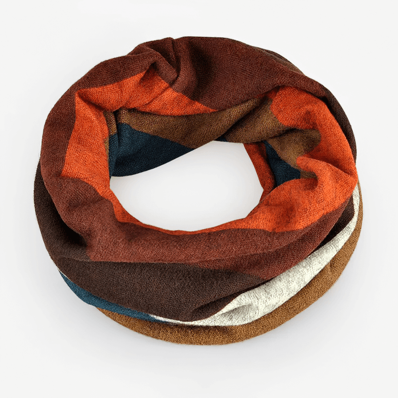 Colorful striped infinity scarf in earthy tones, featuring orange, brown, and blue shades, perfect for adding warmth and style.