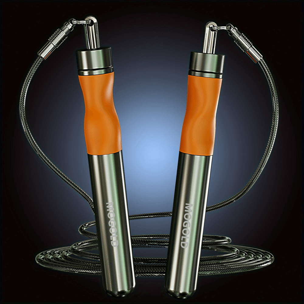 Dual-weight jump rope with orange handles, ideal for fitness training and conditioning. Made from durable aluminum alloy with adjustable length.