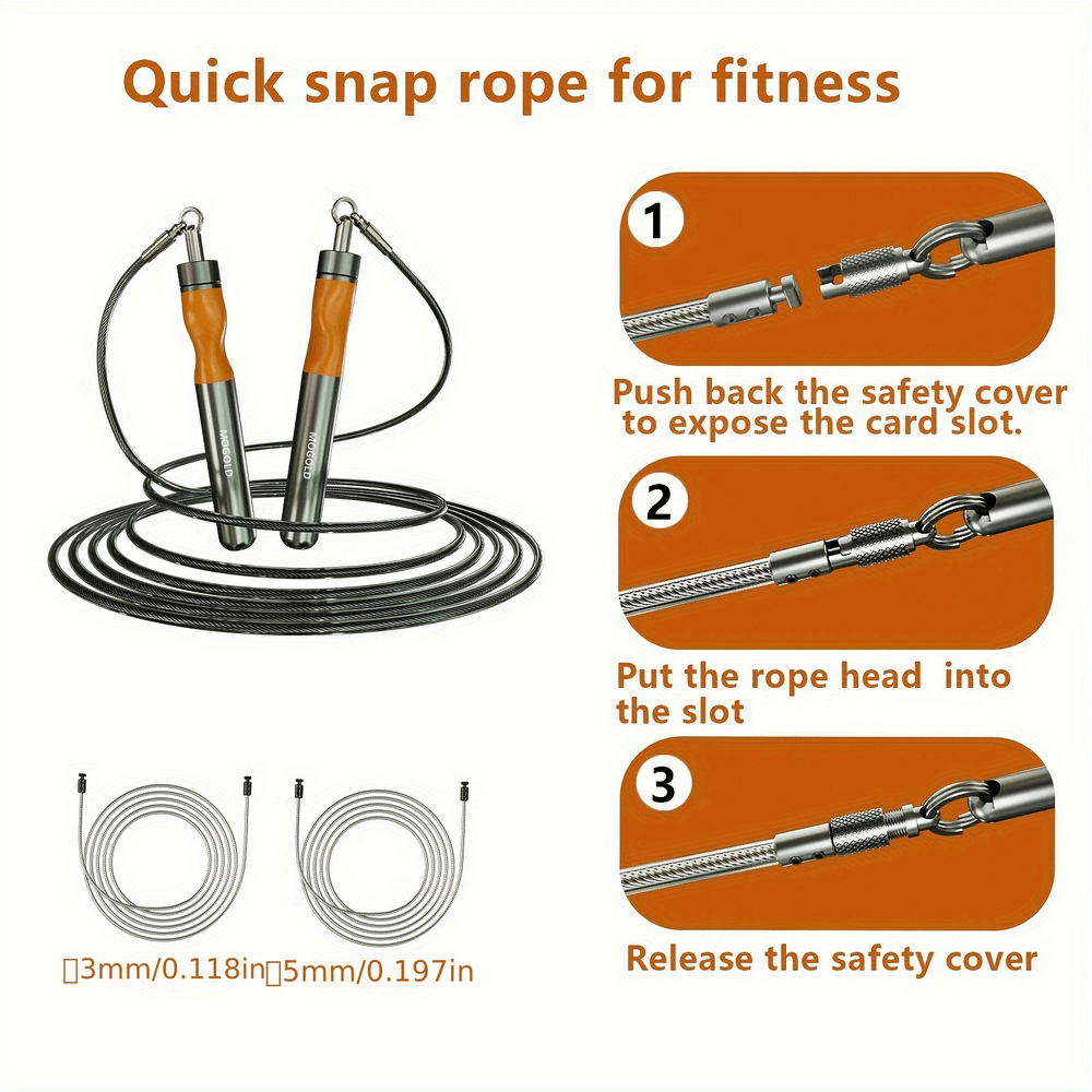 Illustration showing how to assemble the SF2781 dual-weight jump rope with quick snap mechanism and adjustable length.