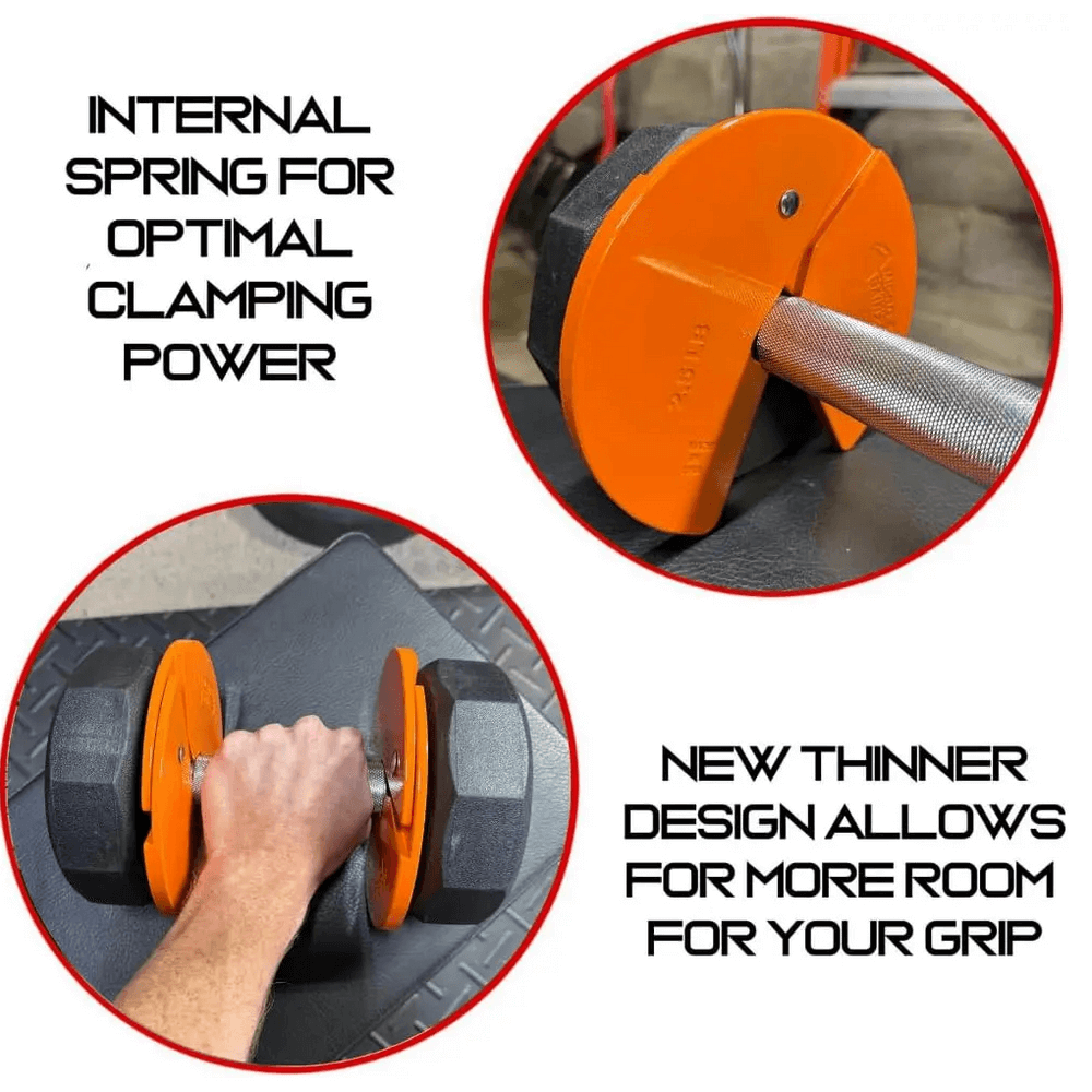 Dumbbell Fractional 2.5lb Micro Weight Plate Pair - SF3436 shown in use with dumbbells and barbells, highlighting new thinner design.