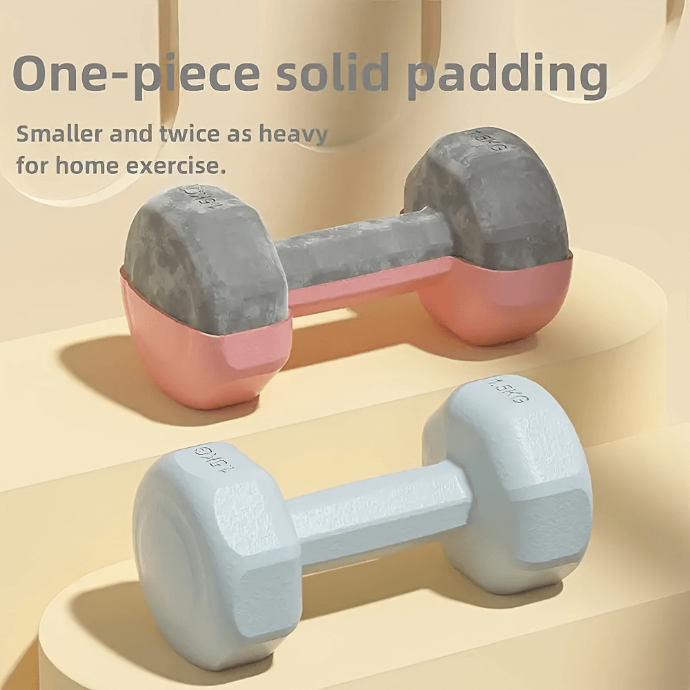 Two dumbbells with one-piece solid padding in gray and pink, and light blue, ideal for home workouts and strength training.