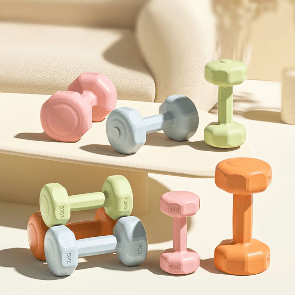 Colorful dumbbell set for yoga and workouts, featuring durable, compact design with secure grip, ideal for home and gym strength training.