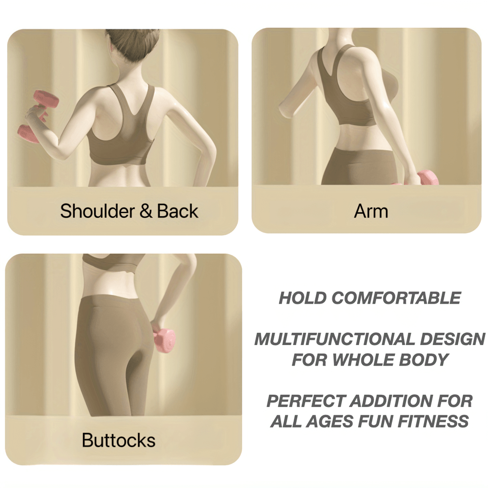 Woman exercising with dumbbells, targeting shoulder, back, arm, and buttocks, featuring text on comfort and multifunctional fitness.