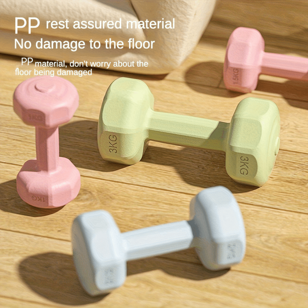 Pastel-colored 3kg dumbbell set on wooden floor; durable PP material, safe for floors.