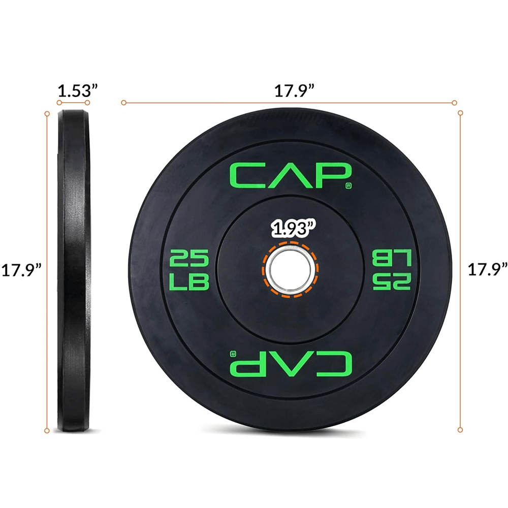 25 LB CAP rubber bumper plates with steel hub, ideal for strength training and Olympic barbells, displayed with dimensions