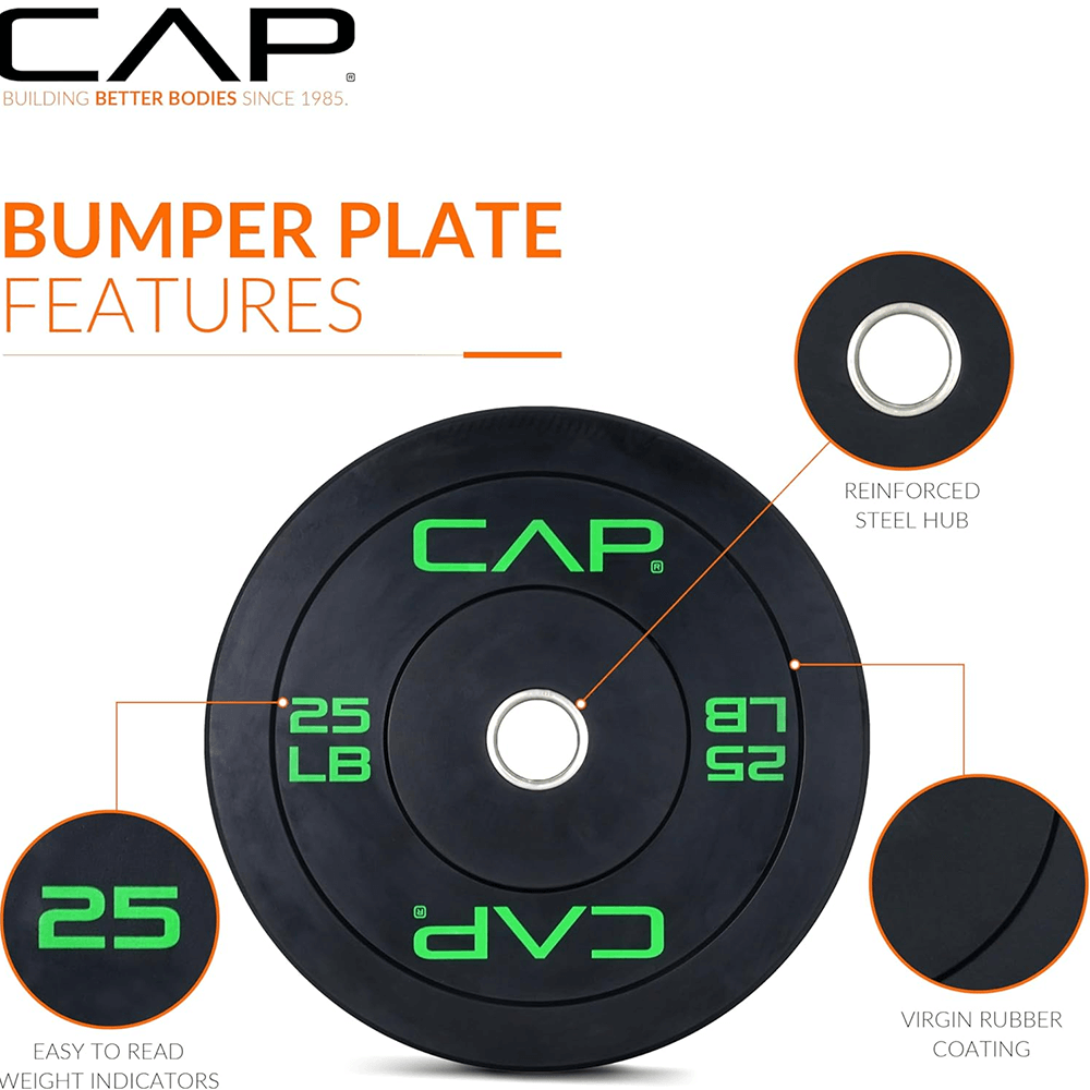 Durable 25 LB rubber bumper plate with steel hub, highlighted features including easy-to-read indicators and shock-absorbing design.