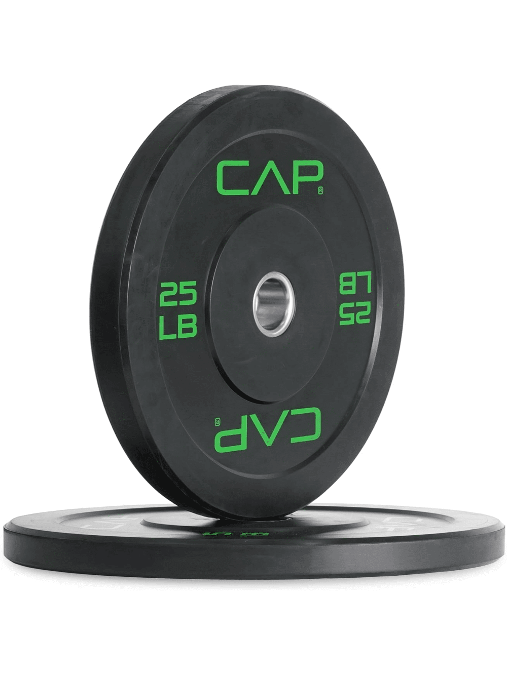 25 LB rubber bumper plates with steel hubs for strength training, ideal for weightlifting and CrossFit. Model SF2937.