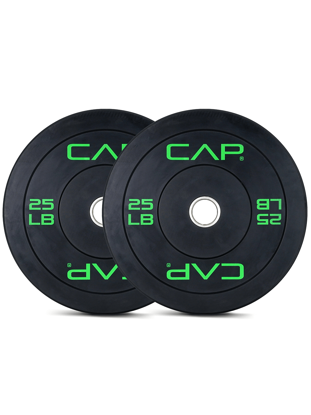 25 LB durable rubber bumper plates with steel hub for strength training, ideal for weightlifting and powerlifting, by CAP.