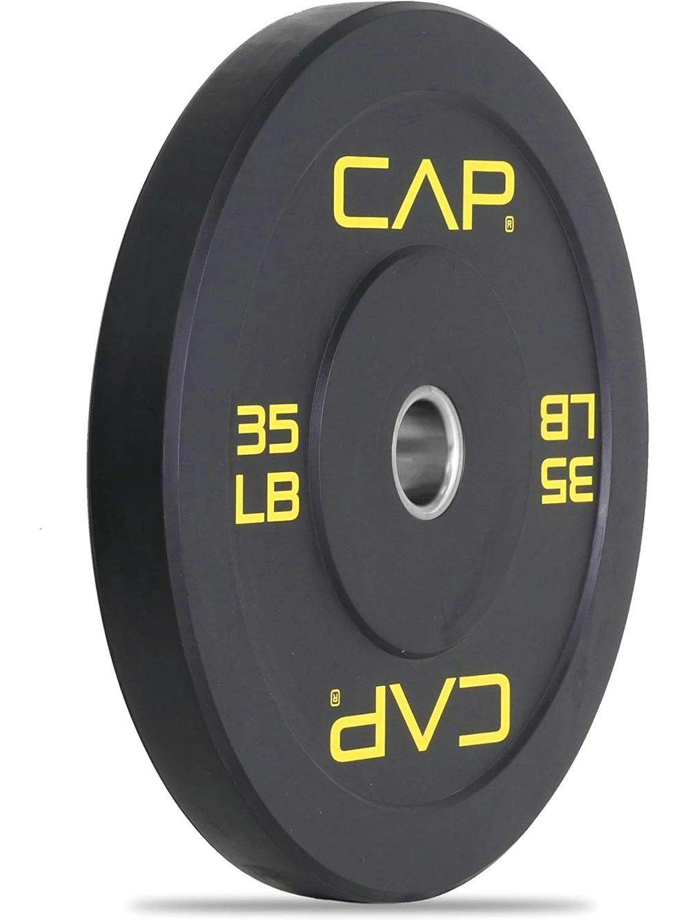 35 LB rubber bumper weight plate with steel hub for powerlifting and CrossFit, featuring noise-reducing durable rubber coating.