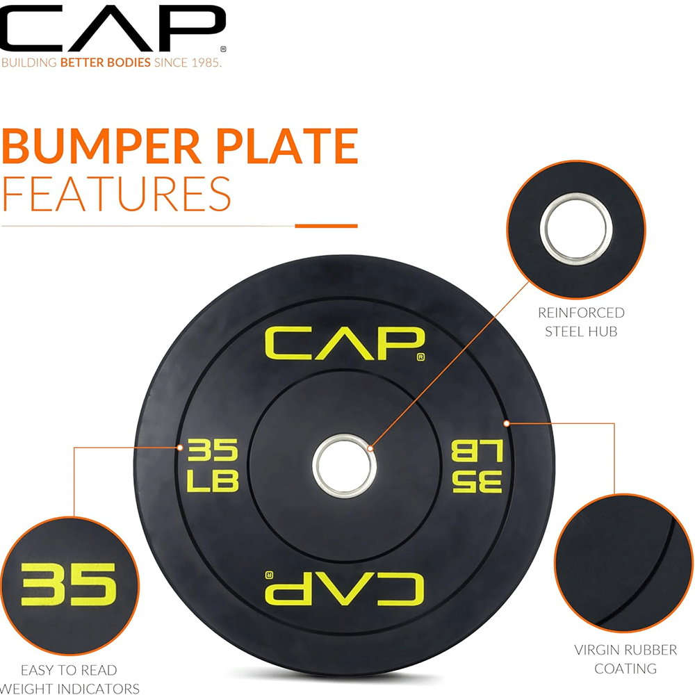 35 LB weight plate with reinforced steel hub, rubber coating, and easy-to-read indicators for Olympic lifting and power training.