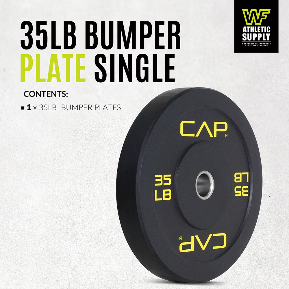 35 LB rubber bumper plate with steel hub, ideal for power training, Olympic lifting, and CrossFit, featuring durable rubber coating.