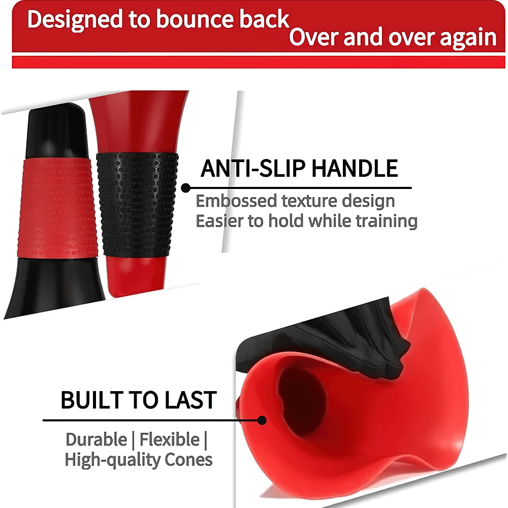 Red and black durable agility speed cones with anti-slip handles and flexible design for sports training.