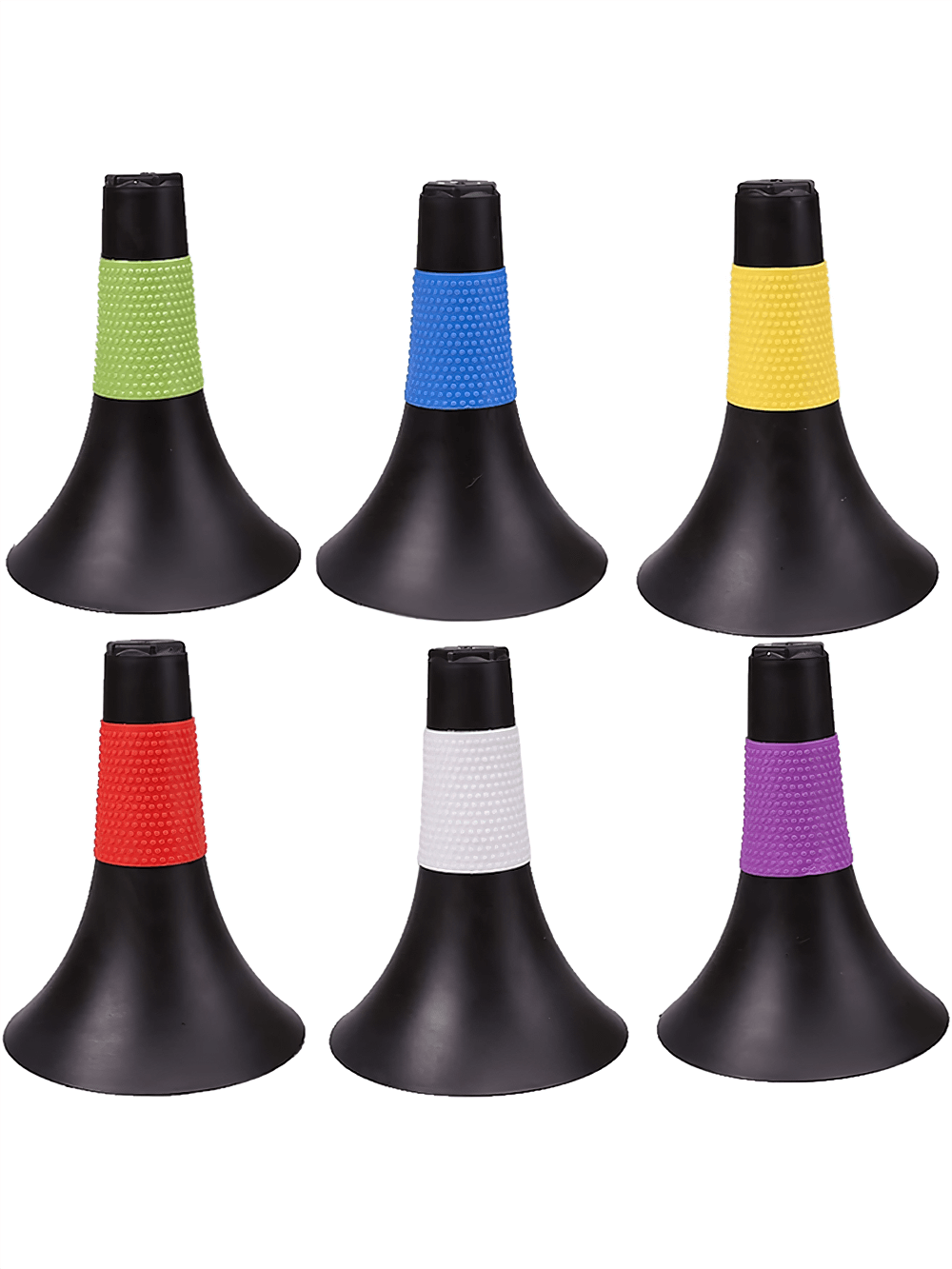 Six durable agility speed cones with colorful bands for football and basketball drills, enhancing visibility in training setups.
