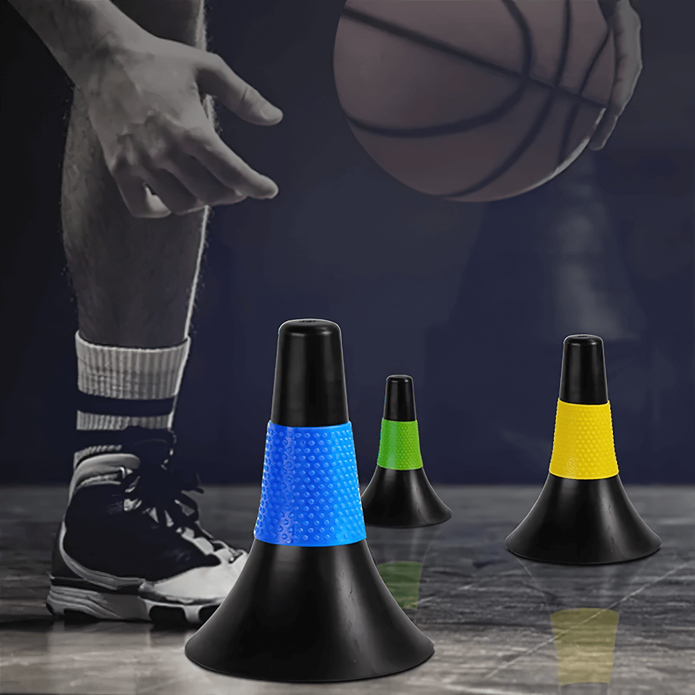Colorful speed cones for agility and basketball training.