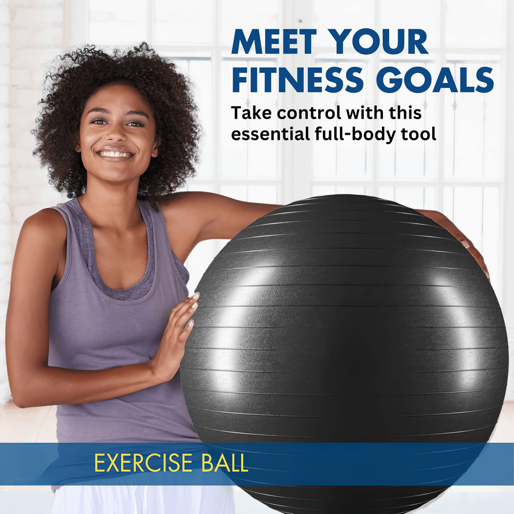 Woman holding a durable anti-burst exercise ball, ideal for yoga and pilates, promoting fitness goals and core strength enhancement.