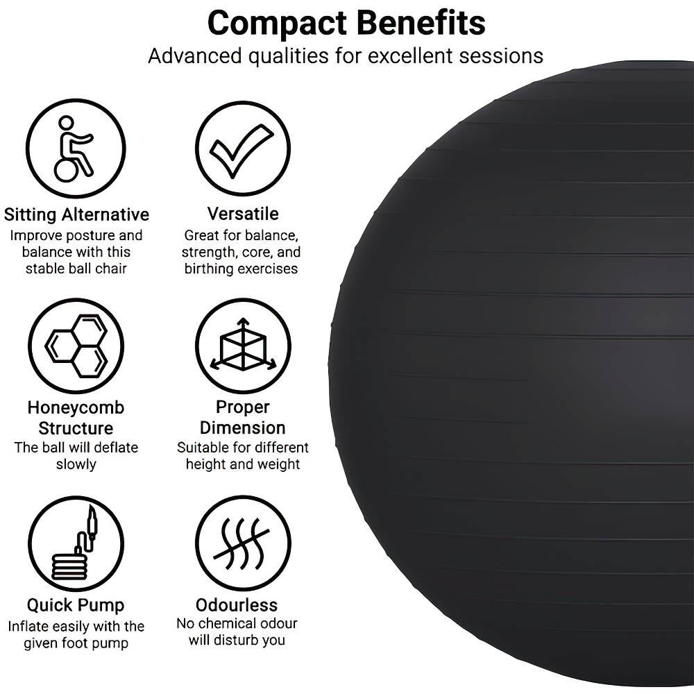 Black anti-burst yoga ball for core stability, balance exercises, with benefits: non-slip, odorless, quick pump, versatile use.