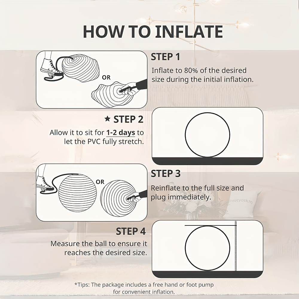 Inflation guide for Durable Anti-Burst Ball - Steps to inflate yoga ball using hand or foot pump for optimal performance.