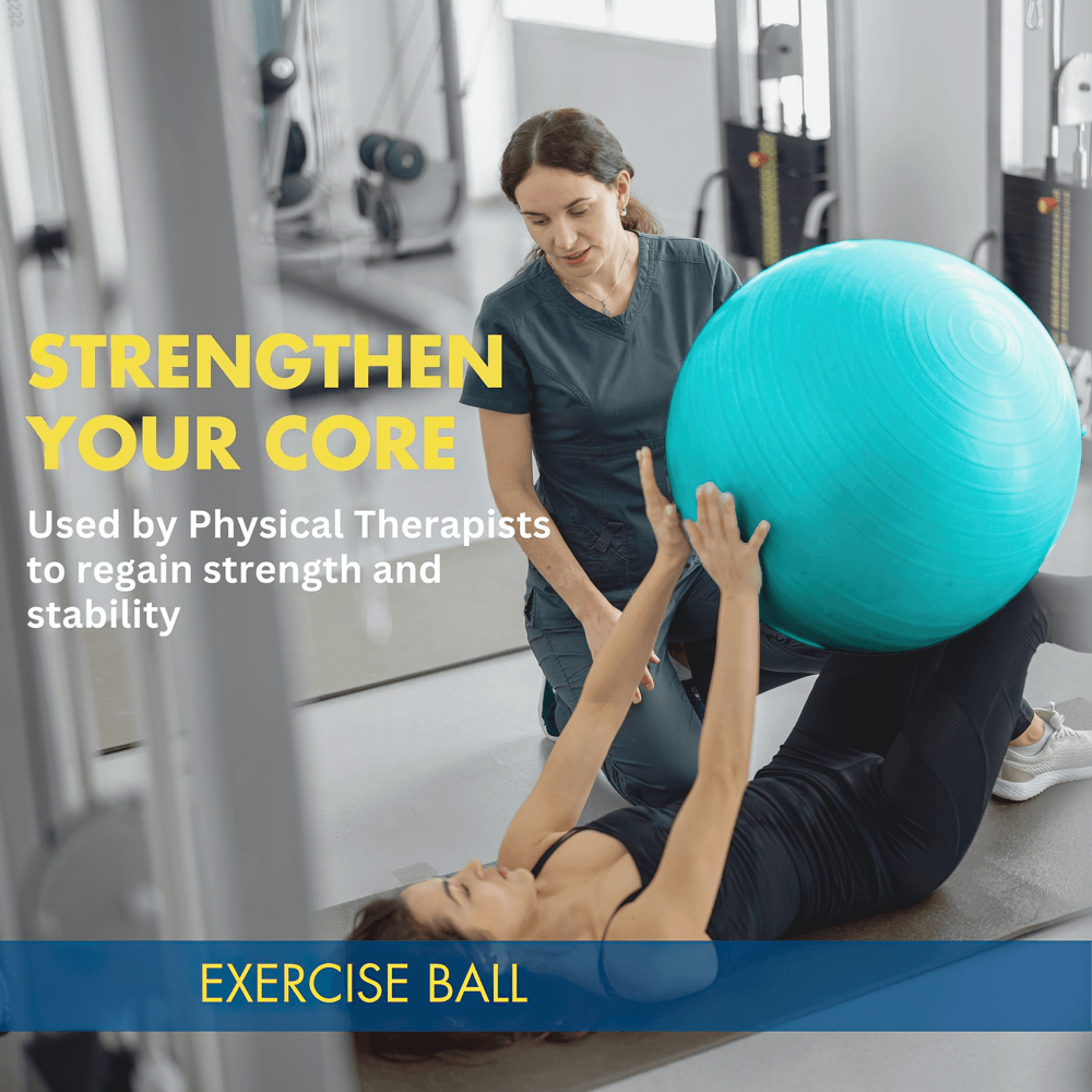 A physical therapist helps a woman exercise with a blue yoga ball to strengthen core muscles and regain stability in a gym setting.