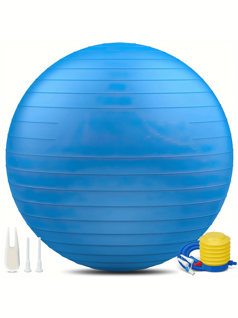 Durable blue anti-burst yoga ball with air pump and plugs for workouts, suitable for home and gym use, model SF2853.