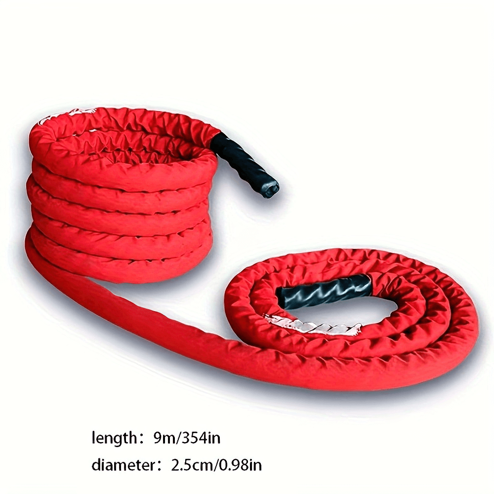 Bold red battle rope for cardio workouts, 9m length, featuring black handles for a secure grip. Ideal for strength training and endurance.