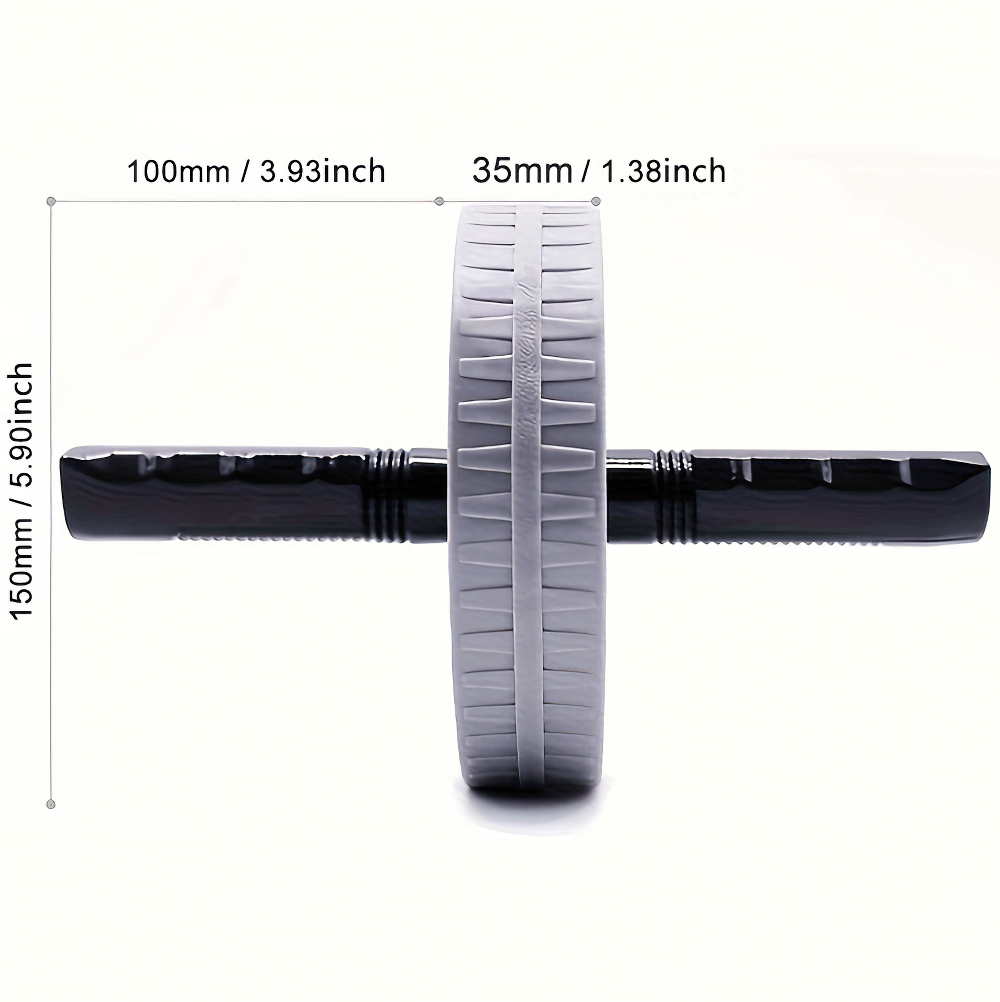 Sleek gray and black ab roller wheel, ergonomic handles, durable ABS, dimensions marked for effective core workouts, SF2796.