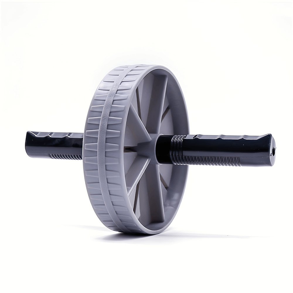 Durable gray and black ab roller wheel with ergonomic handles for core strength workouts, gym or home use. Non-electric fitness tool.