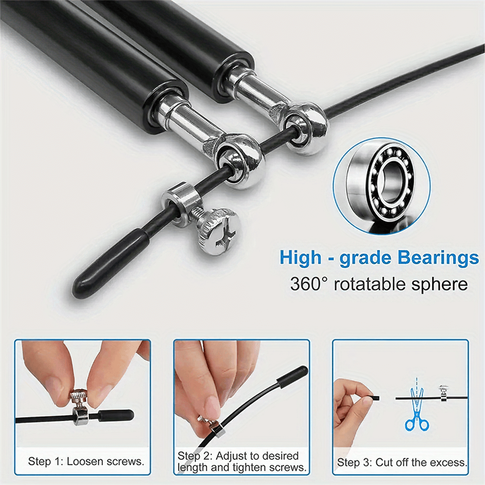 Adjustable fitness skipping rope with metal wire and high-grade bearings, featuring step-by-step guide for customizing length.