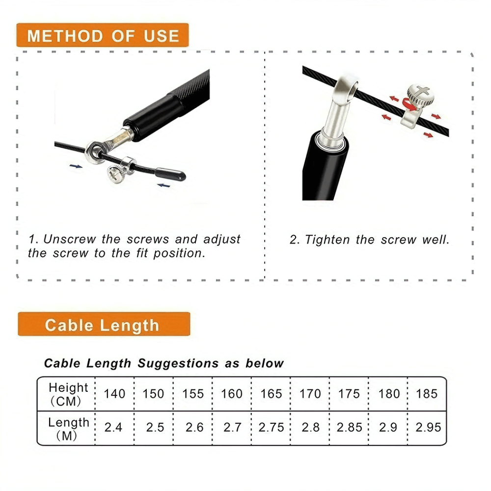 Instructions for adjusting skipping rope length and cable sizing chart for different heights.