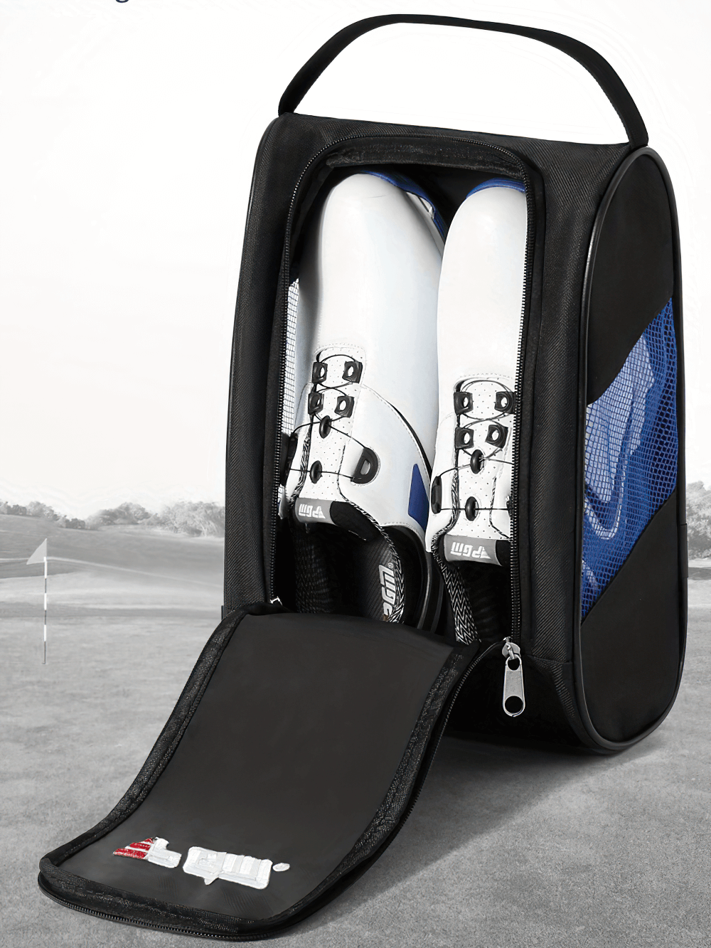 Durable golf shoe bag SF2673 with ventilation, secure zipper, holding shoes on a golf course. Ideal for travel and sports.