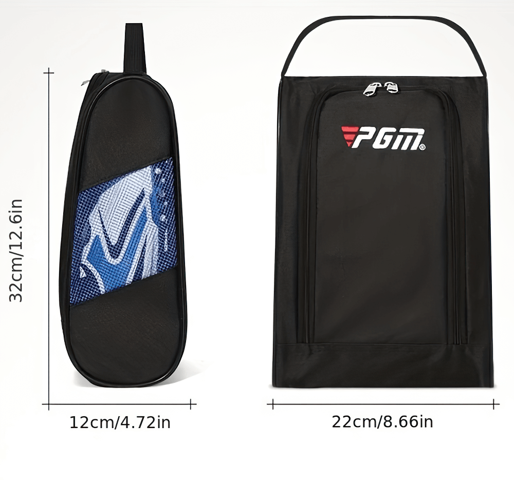 Durable golf shoe bag with ventilation, featuring sporty design and secure zipper, ideal for travel and sports. SF2673 dimensions shown.