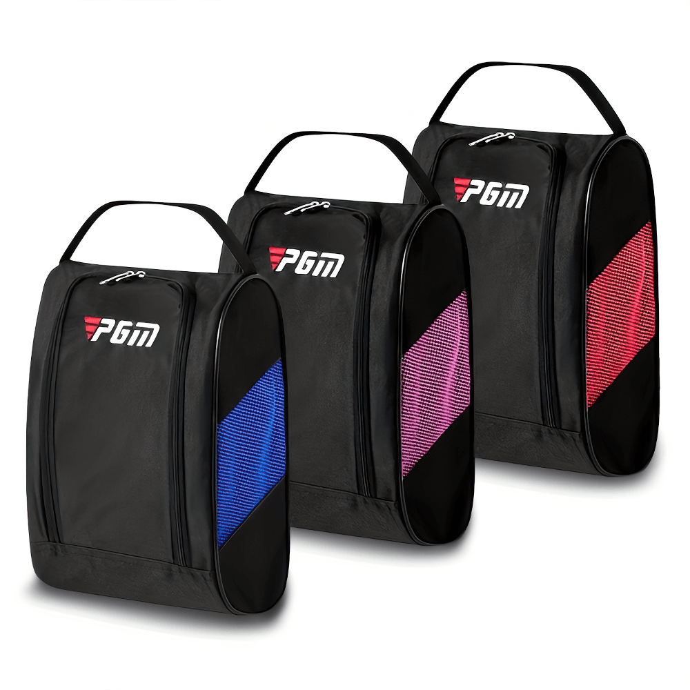 Durable golf shoe bags in various colors with ventilation and zipper, ideal for travel and sports, featuring a compact, portable design.