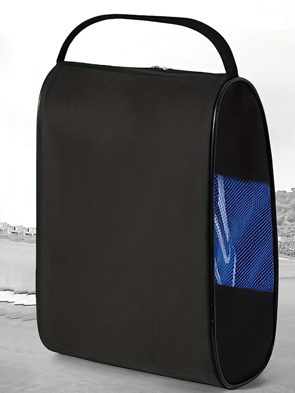 Durable black golf shoe bag with blue mesh ventilation and handle, ideal for travel and sports, product code SF2673.