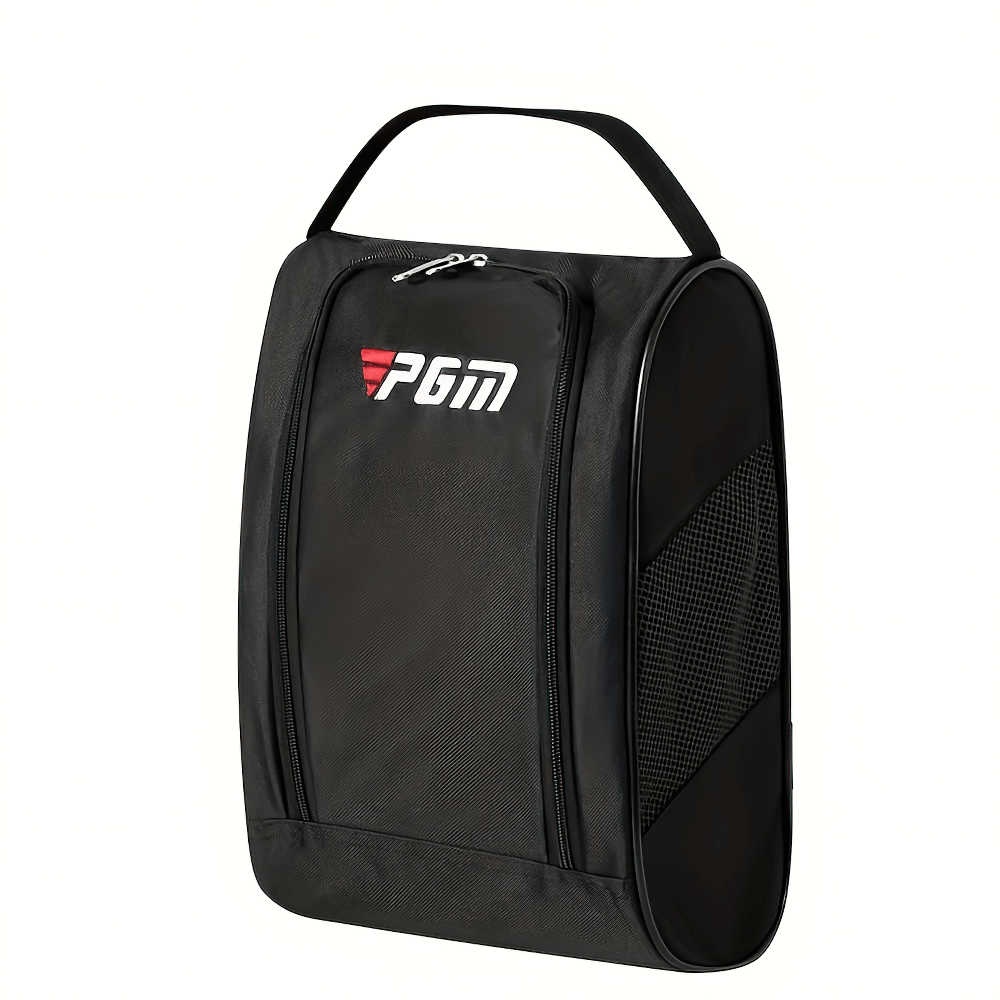 Durable golf shoe bag with ventilation and zipper, ideal for travel and sports, featuring compact design and secure closure.